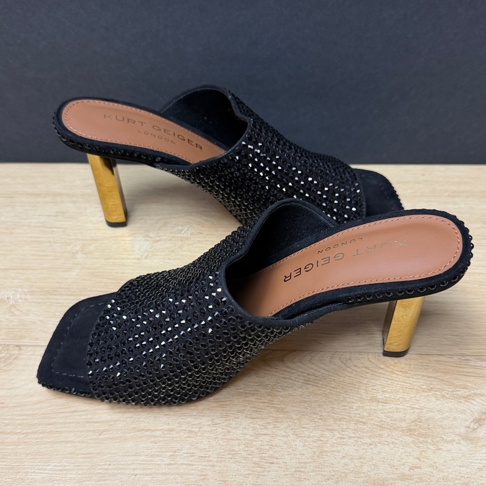 Kurt Geiger London Crystal Mule Heels Black Gold Heel - Picture 10 of 13